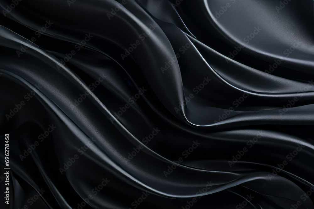 Obraz premium Black satin fabric with a smooth flowing texture. background. Silky textured, minimalist and abstract, dark grey.