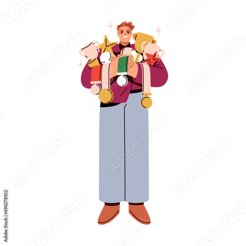 Winner holding awards, rewards, trophies and prizes for victory, winning. Cha...