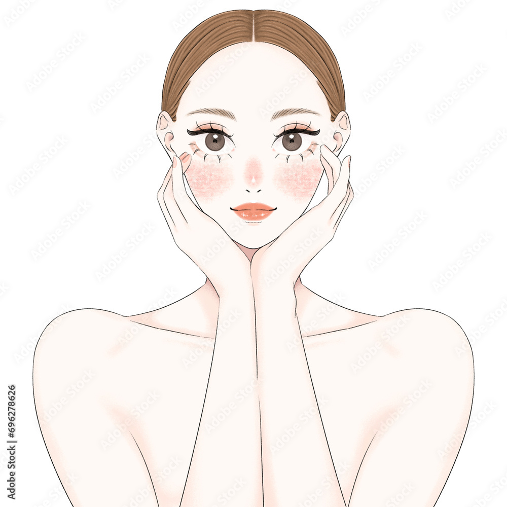 笑顔で肌を触る女性