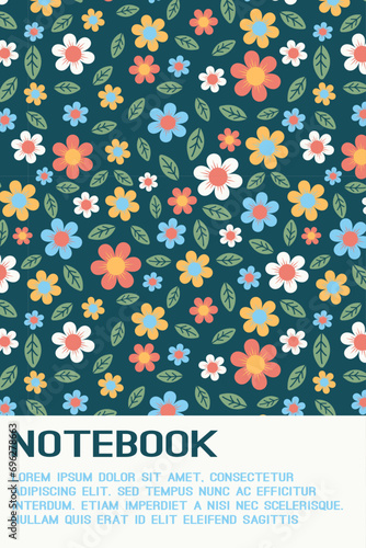 Cover for notebook or diary with floral print. Dark green pattern with flowers. Planner background