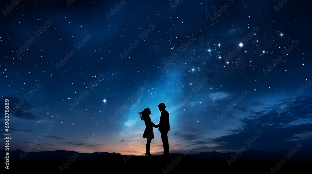 Milky way with silhouette of young couple