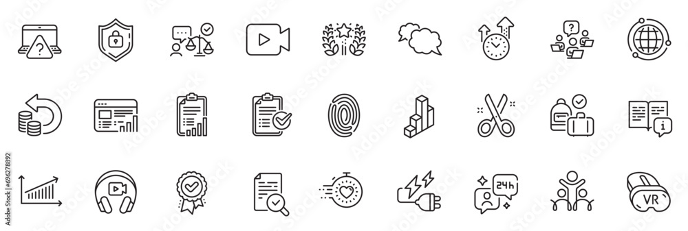 Icons pack as Globe, Cut and Ranking line icons for app include Electricity plug, Time management, Timer outline thin icon web set. Messenger, Fingerprint, Web report pictogram. Vr. Vector