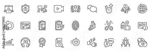 Icons pack as Globe, Cut and Ranking line icons for app include Electricity plug, Time management, Timer outline thin icon web set. Messenger, Fingerprint, Web report pictogram. Vr. Vector