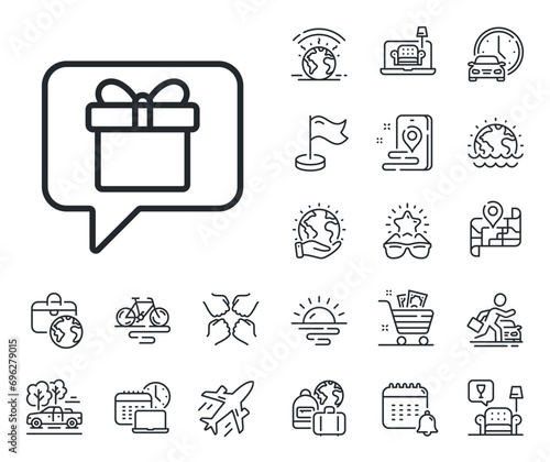 Present box sign. Plane jet, travel map and baggage claim outline icons. Dreaming of Gift line icon. Birthday Shopping symbol. Package in Gift Wrap. Wish list line sign. Vector