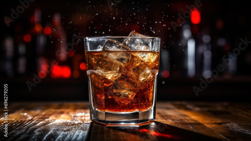 Whiskey with ice cubes on a wooden table in the bar