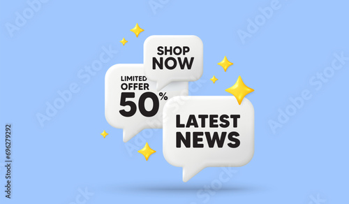 Latest news tag. 3d offer chat speech bubbles. Media newspaper sign. Daily information symbol. Latest news speech bubble 3d message. Talk box stars banner. Vector
