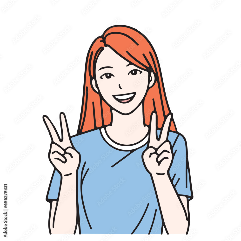 A woman doing two-finger, sign victory symbol number two, Hand drawn style vector design illustrations. A woman doing two-finger, sign victory symbol number two, Hand drawn style vector design illustrations.