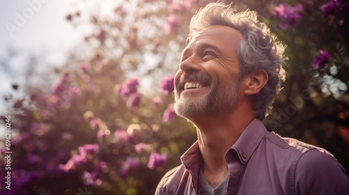 A Man Smiling in Front of Vibrant Purple Flowers