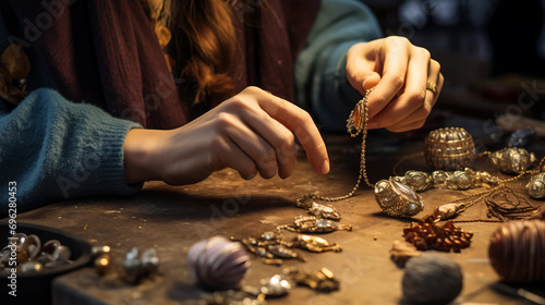 Jewelry rings necklaces adornments table hands examining handcraft process