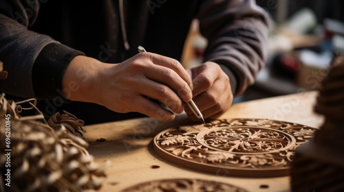 Wood carving craftsmanship artist hands tool design intricate photo