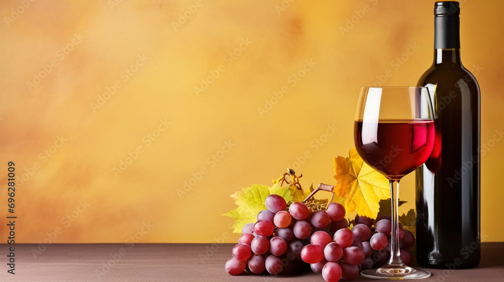 copy space, stockphoto, National Wine Day greeting card, grapes fruit with a glass of wine and a bottle. Glass filles with wine, some grapes and a winebottle.