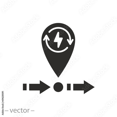 pin map point for electric car icon, location charging station, flat symbol on white background - vector illustration