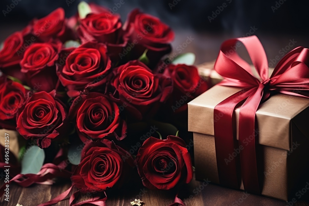 Romantic valentine's day dinner. Wine, red roses, gift and two glasses close-up on a wooden surface Romantic valentine's day dinner. Wine, red roses, gift and two glasses close-up on a wooden surface