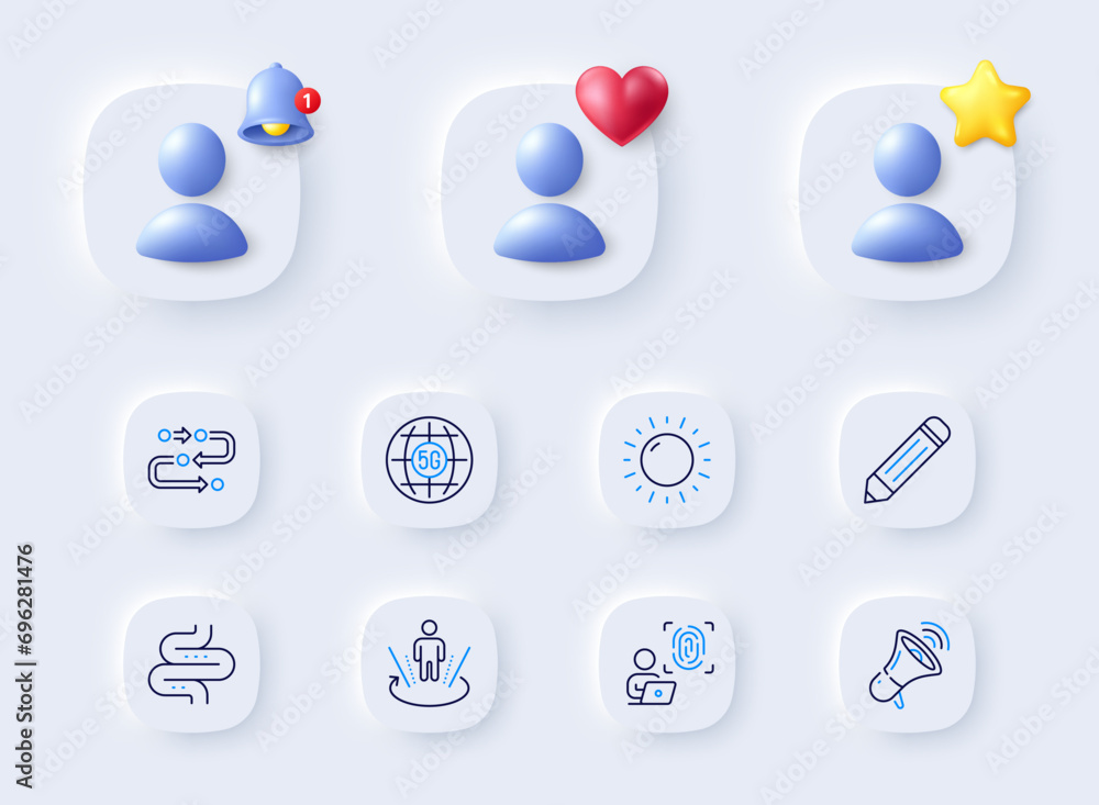 5g internet, Pencil and Sunny weather line icons. Placeholder with 3d bell, star, heart. Pack of Computer fingerprint, Megaphone, Intestine icon. Methodology, Augmented reality pictogram. Vector 5g internet, Pencil and Sunny weather line icons. Placeholder with 3d bell, star, heart. Pack of Computer fingerprint, Megaphone, Intestine icon. Methodology, Augmented reality pictogram. Vector