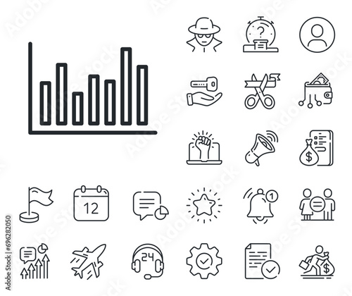 Financial graph sign. Salaryman, gender equality and alert bell outline icons. Column chart line icon. Stock exchange symbol. Business investment. Bar diagram line sign. Vector