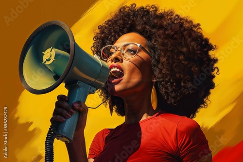 A passionate African American woman with voluminous curly hair, speaking into a bright yellow megaphone