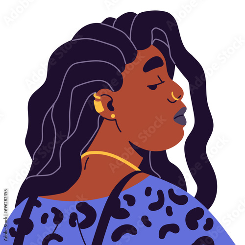 African American chubby girl avatar side view. Stylish young woman with dreadlocks, piercing portrait. Female face, user profile with neglect, arrogant look. Flat isolated vector illustration on white