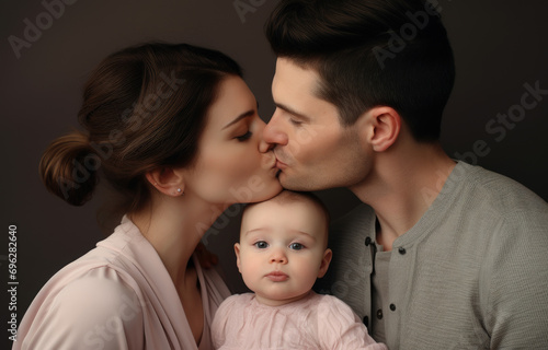couple kissing each other and their baby