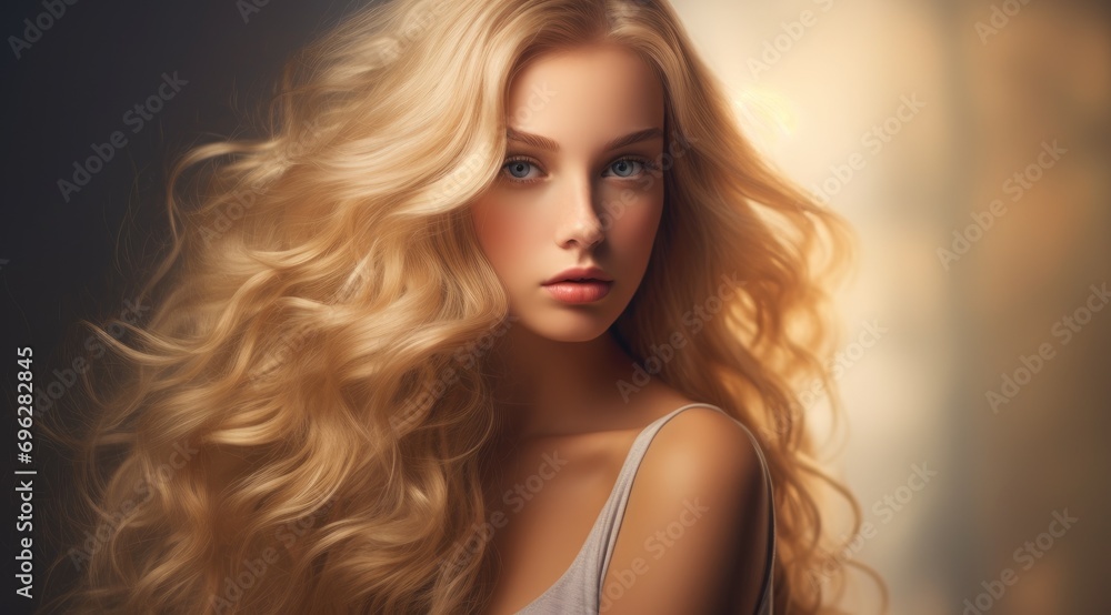 Beauty girl with long shiny hair, glowing skin and voluminous haircut.