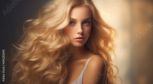 Beauty girl with long shiny hair, glowing skin and voluminous haircut.