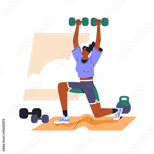 Young woman do home workout. Slim girl lifting dumbbell. Strength training with sport equipments, kettlebell. People building sporty body in gym. Flat isolated vector illustration on white background