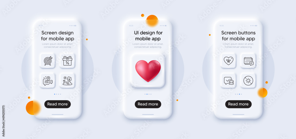 Archery, No sun and Puzzle line icons pack. 3d phone mockups with heart. Glass smartphone screen. Message, Journey, Call me web icon. Discount offer, Lake pictogram. For web app, printing. Vector