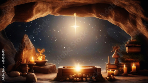 Christian Christmas scene with empty wooden manger, star of Bethlehem in cave. Birth of Jesus Christ, nativity scene background photo