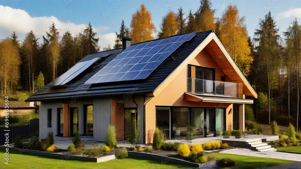 New suburban house with a photovoltaic system on the roof. Modern eco ...