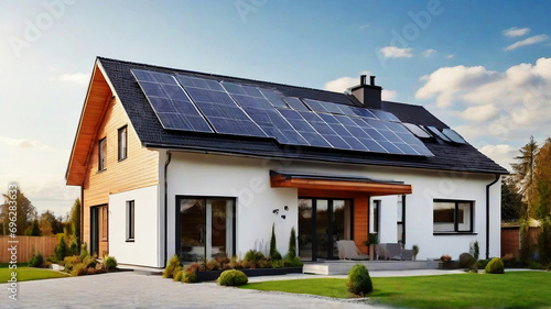New suburban house with a photovoltaic system on the roof. Modern eco friendly passive house with solar panels on the gable roof photo