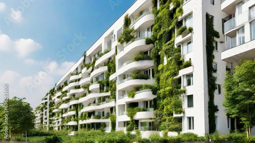 White modern residential building with green plant walls. Sustainable living, ecology and green urban environment concept