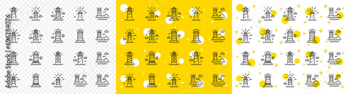 Searchlight tower with seagull for marine navigation of ships. Lighthouse line icons. Sea pharos, lighthouse or beacon icons. Ocean waves, nautical building, marine house. Vector