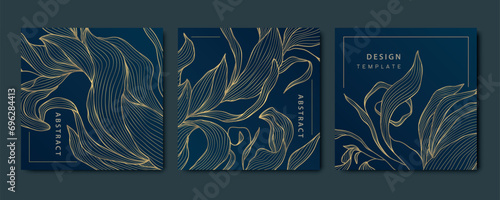 Vector set of art deco abstract luxury golden square cards, post templates for social net, leaves botanical modern, art deco wallpaper backgrounds. Floral line patterns.