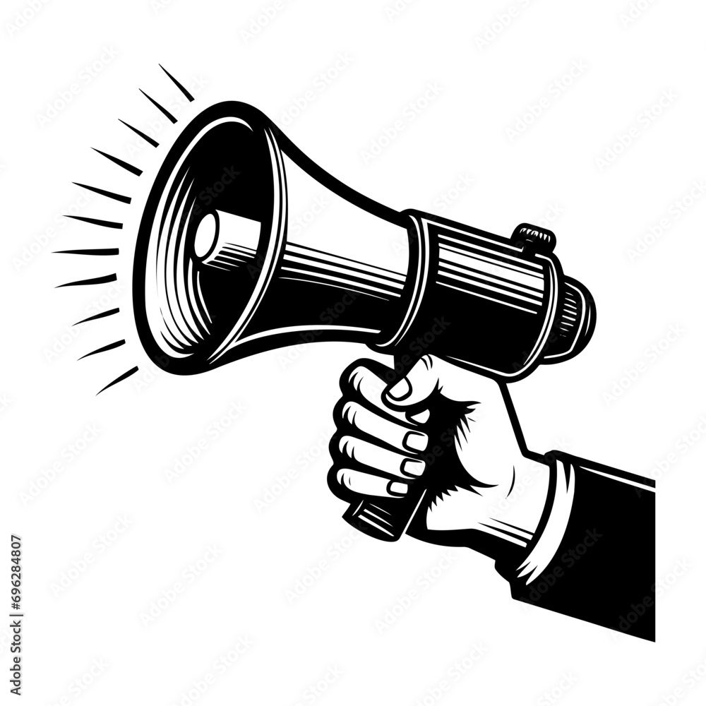 Hand businessman megaphone monochrome clip art. AI generative illustration Hand businessman megaphone monochrome clip art. AI generative illustration
