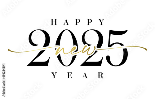 New Year 2025 creative banner with cute isolated number 20 25, black and golden elements. Handwritten style. White background. Black and white design.