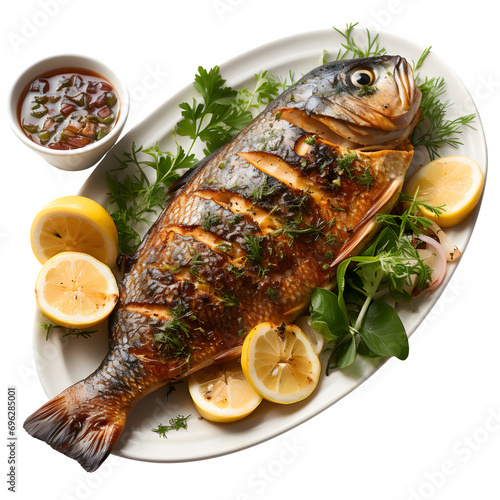 grilled fish on green salad leaves isolated on transparent background Generative AI	
