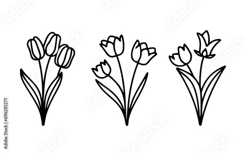 Abstract line art flowers vector clipart. Spring illustration.