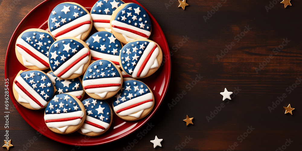 flat lay for USA Independence Day. plate of cookies with American flag. cute symbol of America, holiday at home, homemade cookies
flat lay for USA Independence Day. plate of cookies with American flag. cute symbol of America, holiday at home, homemade cookies