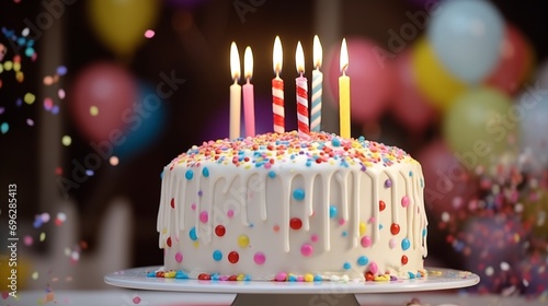 Birthday Cake with White Frosting and Multicolored Candles