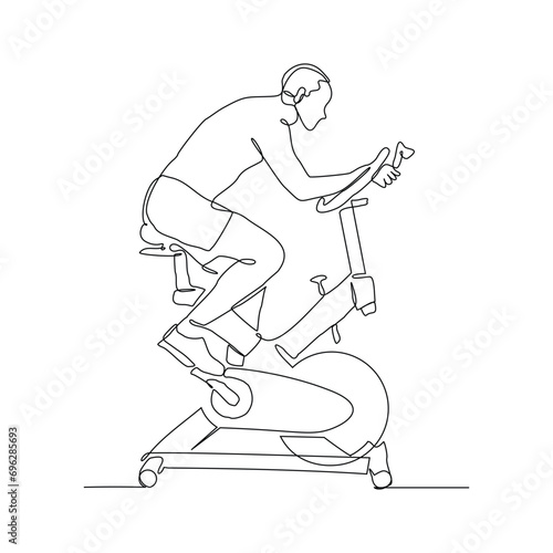 Continuous single line sketch drawing of athletic man riding static bicycle at gym for speed endurance training. One line art of fitness sport healthy activity vector illustration 