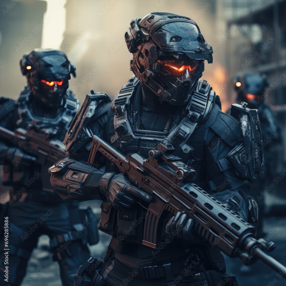 Futuristic Army soldier in Combat Uniforms with assault rifle, plate carrier and combat helmet, Special forces ready to fight Ai generated Futuristic Army soldier in Combat Uniforms with assault rifle, plate carrier and combat helmet, Special forces ready to fight Ai generated