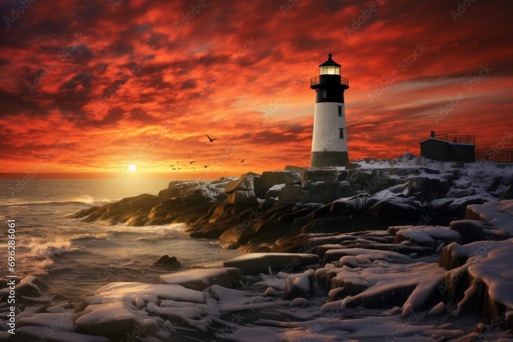 Bleak Lighthouse winter. Sky travel nature. Generate Ai