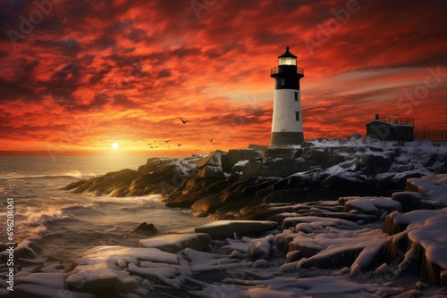 Bleak Lighthouse winter. Sky travel nature. Generate Ai