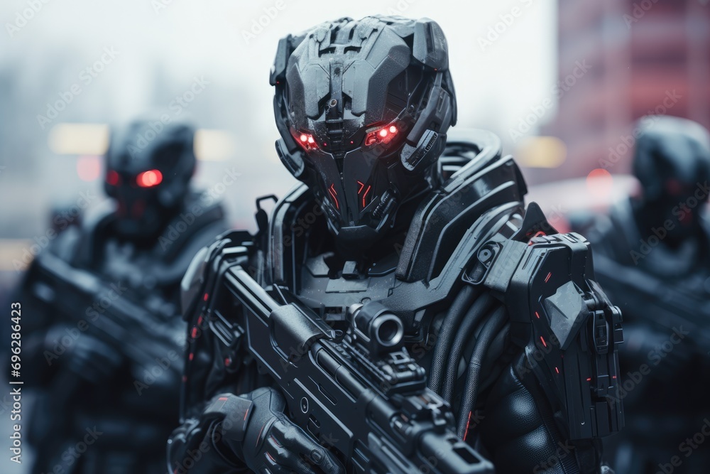Futuristic Army soldier in Combat Uniforms with assault rifle, plate carrier and combat helmet, Special forces ready to fight Ai generated