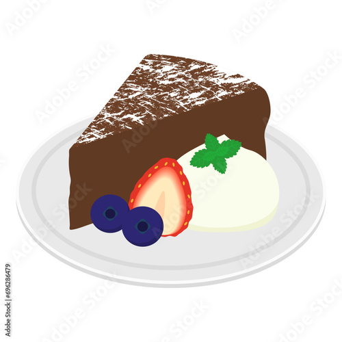 イラスト、ベクター、素材、白背景、食べ物、バレンタイン、スイーツ、おやつ、デザート、ガトーショコラ、ケーキ、クリーム、皿、お菓子、洋菓子、料理