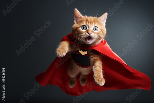 Portrait of a superhero cat wearing a red cape, jumping like a superhero