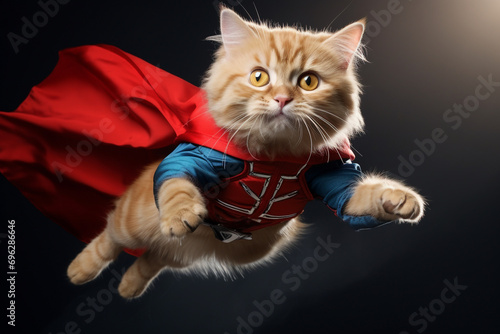 Portrait of a superhero cat wearing a red cape, jumping like a superhero © Salawati