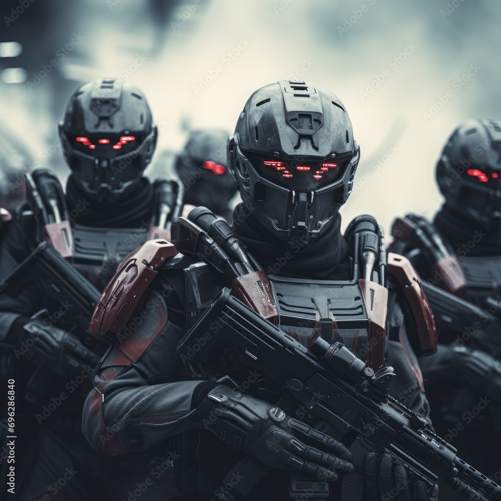 Futuristic Army soldier in Combat Uniforms with assault rifle, plate carrier and combat helmet, Special forces ready to fight Ai generated Futuristic Army soldier in Combat Uniforms with assault rifle, plate carrier and combat helmet, Special forces ready to fight Ai generated
