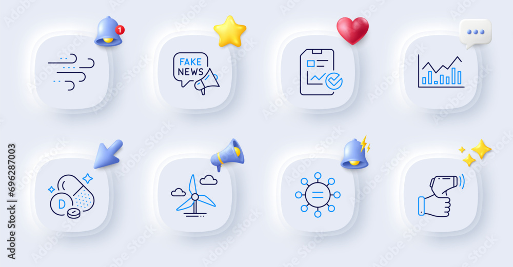 Ethics, Fake news and Report checklist line icons. Buttons with 3d bell, chat speech, cursor. Pack of Infochart, Electronic thermometer, Windy weather icon. Vector Ethics, Fake news and Report checklist line icons. Buttons with 3d bell, chat speech, cursor. Pack of Infochart, Electronic thermometer, Windy weather icon. Vector