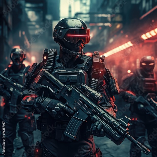 Futuristic Army soldier in Combat Uniforms with assault rifle, plate carrier and combat helmet, Special forces ready to fight Ai generated