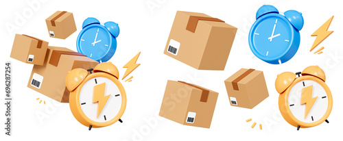 3D Fast delivery concept. Cardboard boxes with alarm clock. Express shipping service. Quick move. Floating parcel boxes. Cartoon creative design icons isolated on background. 3D Rendering